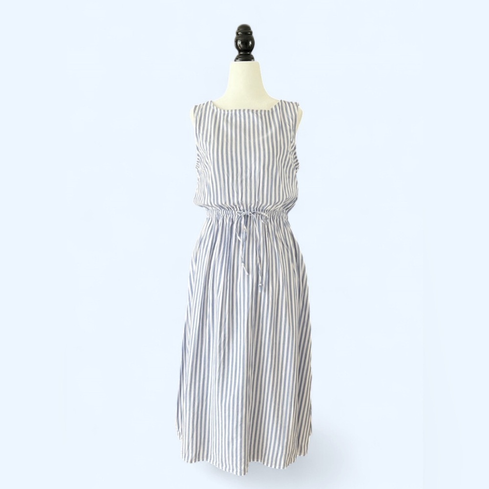 Beach Lunch Lounge Blue & White Striped Midi Dress Euro Summer Vacation Size S
